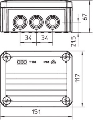 Коробка распределительная 10х25 150х116х67мм IP66 T 100 свет. сер. OBO 2007077